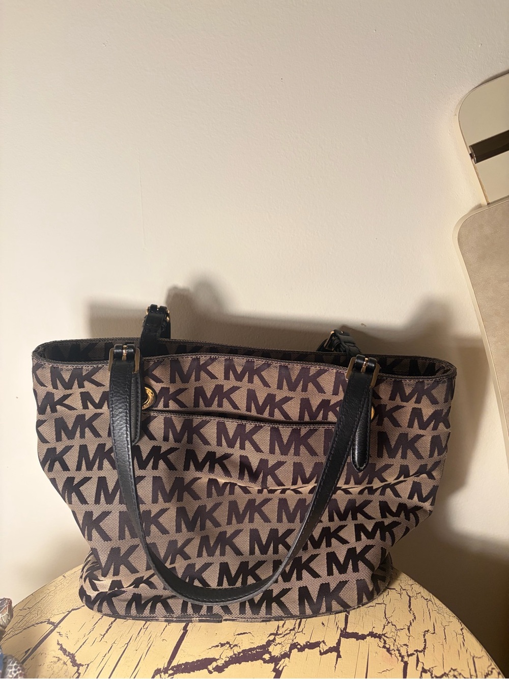 Michael Kors Brown MK Logo Tote with Black Leather Trim
